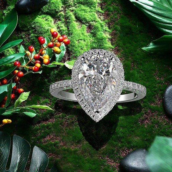 🎁 Elegant Water Drop Bright Zircon Thin Pear Wedding Ring for Women, PD510 - Picture 3 of 6